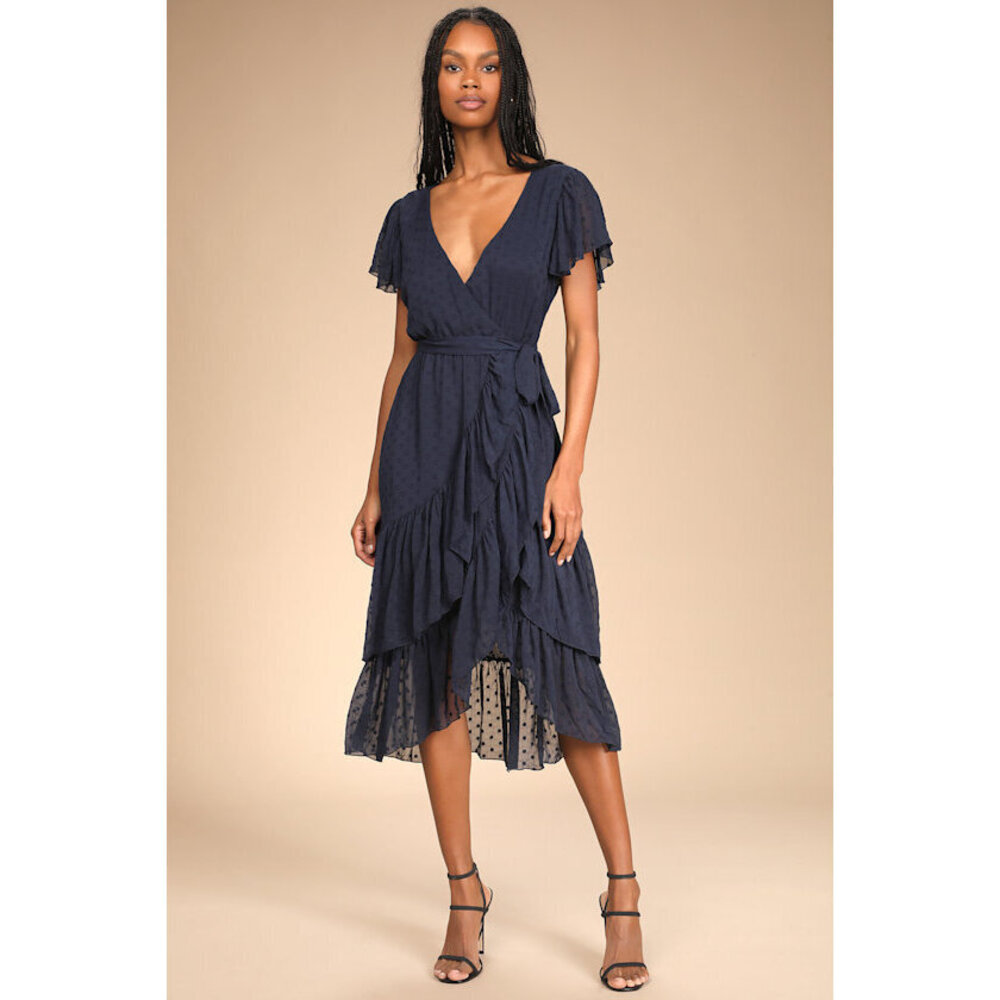 Lulus Have Harmony Navy Blue Swiss Dot Ruffled Faux Wrap Midi Dress - Size S